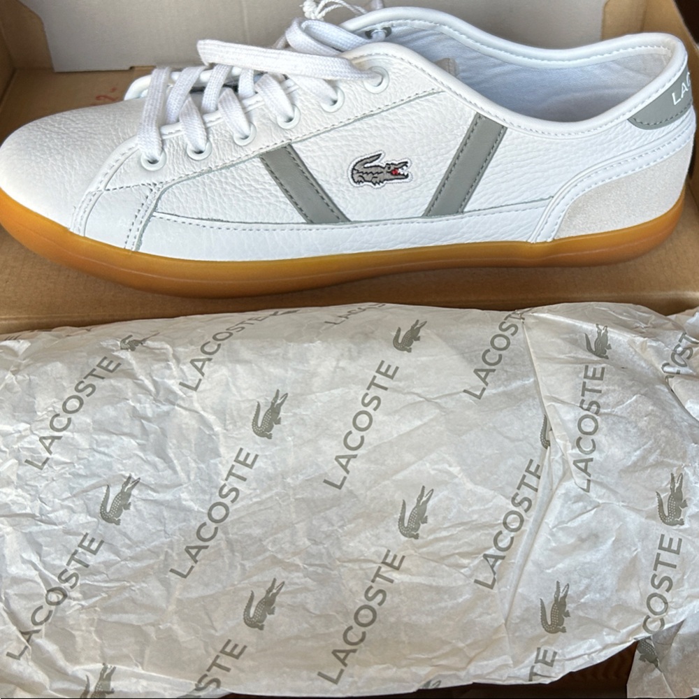 LacosteWhite and Gray Sneakers with Tan Sole